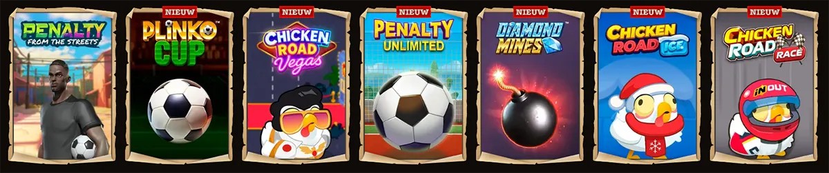 Row of parchment-style casino game tiles showing Penalty From the Streets, Plinko Cup, Chicken Road Vegas (Nieuw), Penalty Unlimited (Nieuw), Diamond Mines (Nieuw), Chicken Road Ice (Nieuw), and Chicken Road Race (Nieuw).