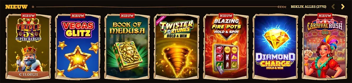 “Nieuw” games row with parchment-style tiles: Triple 5’s Supercharged, Vegas Glitz, Book of Medusa, Twister Fortunes Hold & Win, Blazing Fire Pots Hold & Spin, Diamond Charge Hold & Win, and Carnival Rush.